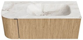 Mondiaz Kurve-dlux 115cm badmeubel ronding links oak met 1 lade en deur en wastafel big small kraangat rechts frappe