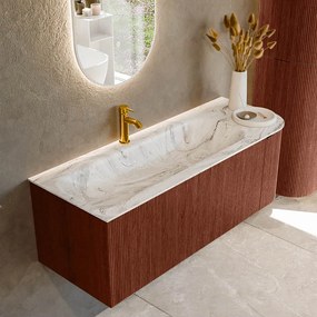Mondiaz Kurve-dlux 125cm badmeubel ronding rechts ruby met 1 lade en deur en wastafel big medium kraangat links glace
