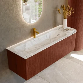 Mondiaz Kurve-dlux 145cm badmeubel ronding rechts ruby met 1 lade en deur en wastafel big large kraangat links glace