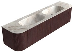 Mondiaz Kurve-dlux 190cm badmeubel ronding links/rechts ruby met 2 lades en deuren en wastafel stor small dubbel 2 kraangaten frappe