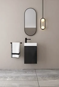 MD Interior Eden toiletmeubel zwart mangohout links met solid surface fontein links