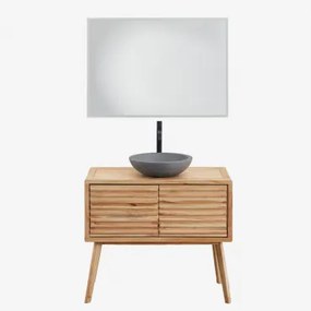 Badkamermeubelset 90x45 Cm In Hout Deleyna Natuurlijk Hout & Rond Grijs Cement Ø40 Cm Tarsis & Rechthoekige Led En Anticondens 100x70 Cm Riben & Mat Z