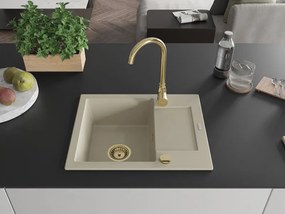 Mexen Enzo granitische spoelbak met 1 bak, afdruiprek en keukenkraan Telma, beige - 6506-69-670200-50