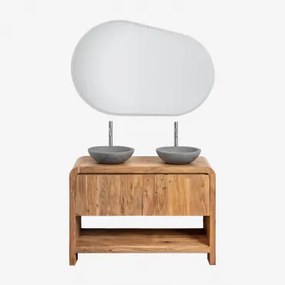 Vacry Houten Badkamermeubelset Acacia Bruin & 2 X Ronde Grijze Cement Ø40 Cm Tarsis & Ovaal Led En Anticondens 120x80 Cm Riben & 2 X Geborsteld -