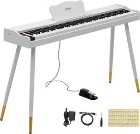 VEVOR Digitale Piano met 88 semi-gewogen toetsen van standaardformaat, wit, geschikt voor beginners, 600 geluiden, 600 ritmes, USB, MIDI, audio-uitgang, hoofdtelefoonaansluiting, sustainpedaal en hifi-luidsprekers.