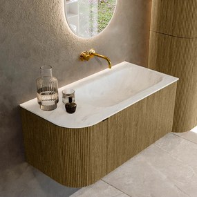 Mondiaz Kurve-dlux 95cm badmeubel ronding links dusk met 1 lade en deur en wastafel big small rechts zonder kraangat opalo