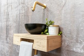 Saniclear Seba fonteinset met eiken plank, zwarte waskom en gouden kraan voor in het toilet