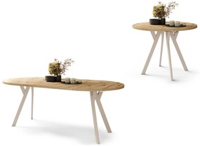ALDO 100 Eiken Artisan/Beige poten - RONDE LOFT/INDUSTRIËLE TAFEL VOOR WOONKAMER/EETKAMER, UITSCHUIFBAAR