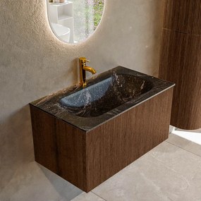 Mondiaz Kurve-dlux 80cm badmeubel walnut met 1 lade en wastafel big small midden 1 kraangat lava