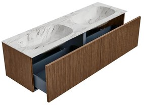 Mondiaz Kurve-dlux 150cm badmeubel walnut met 2 lades en wastafel stor small dubbel 2 kraangaten glace