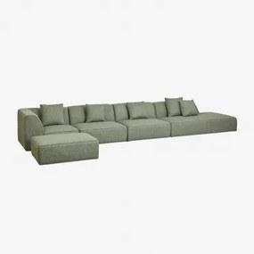 4-delige Modulaire Hoekbank Met Rechter Chaise Longue En Gestoffeerde Poef Cardea Bouclé Saliegroen - Sklum