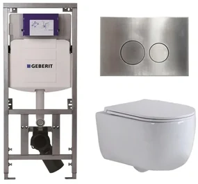 QeramiQ Dely Swirl Toiletset - 36.3x51.7cm - Geberit UP320 Burda inbouwreservoir - slim zitting - steel bedieningsplaat - ronde knoppen - wit glans 0701131/SW706194/SW1000766/SW1026256