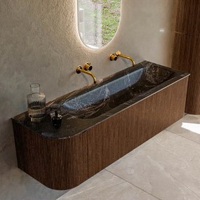 Mondiaz Kurve-dlux 145cm badmeubel ronding links walnut met 1 lade en deur en wastafel big large rechts zonder kraangat lava