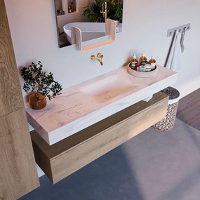 Mondiaz Alan DLux badmeubel 150cm washed oak 1 lade met wastafel ostra midden zonder kraangat