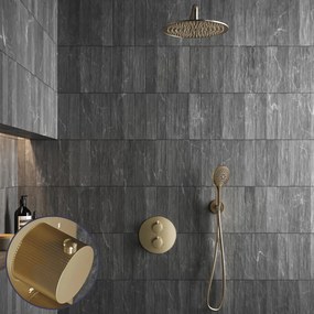 Saniclear Brass Stripes inbouw regendouche rond met 20cm hoofddouche, muurarm en 2 standen handdouche geborsteld messing - mat goud