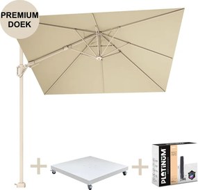 Challenger T2 premium parasol 300x300 cm sandstone champagne met zandkleur 90KG voet en hoes