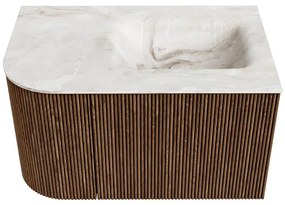 Mondiaz Kurve-dlux 75cm badmeubel ronding links walnut met 1 lade en deur en wastafel grunne kraangat rechts frappe