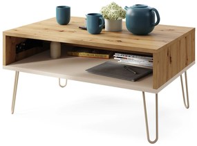 HAIRPIN S-90 Eik Artisan/Beige (Champagne) - MODERNE SALONTAFEL MET OPKLAPBAAR BLAD + OPBERGRUIMTE + PLANK