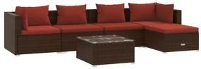vidaXL 6-delige Loungeset met kussens poly rattan bruin