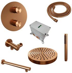 Brauer Stripe inbouw regendouche rond met 25cm hoofddouche, rechte muurarm en staafhanddouche set 37 koper geborsteld PVD