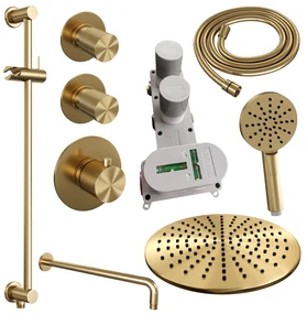 Brauer Gold Carving complete inbouw regendouche set 22 met 30cm douchekop, gebogen muurarm, 3 standen handdouche en glijstang geborsteld messing PVD