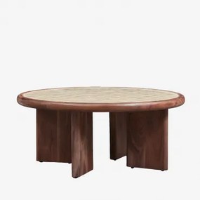 Ronde Salontafel Ø80 Cm Van Acaciahout En Aitana-tegels Tapioca Beige - Donker Acaciabruin - Sklum