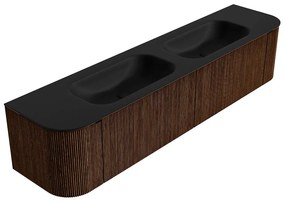 Mondiaz Kurve 200cm badmeubel ronding links/rechts walnut met 2 lades en deuren en wastafel big small dubbel 2 kraangaten urban