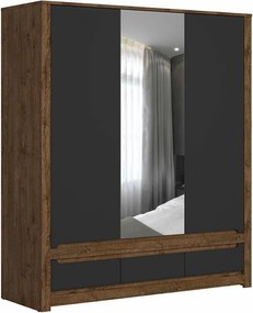 Kledingkast Ophevaru 114, Matzwart, April eiken, 205x179x61cm, 186 kg, Kledingkast deuren: Met scharnieren, Aantal planken: 5, Aantal planken: 5