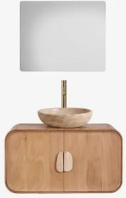 Hangend Badkamermeubelset 95x45 Cm Van Mangohout En Natuurlijke Kivalina-steen Rechthoekige Led En Anticondens 80x70 Cm Riben & Geborsteld Goud ↑30 Cm