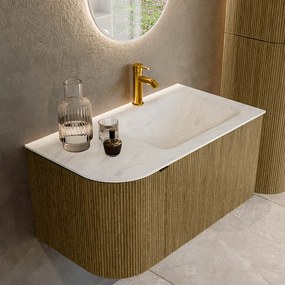 Mondiaz Kurve-dlux 85cm badmeubel ronding links dusk met 1 lade en deur en wastafel cloud kraangat rechts opalo