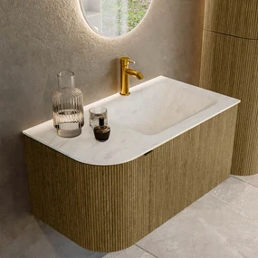 Mondiaz Kurve-dlux 85cm badmeubel ronding links dusk met 1 lade en deur en wastafel cloud kraangat rechts opalo