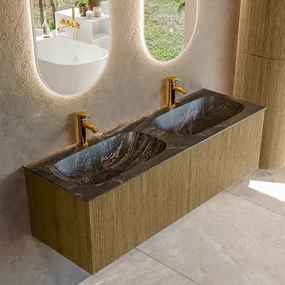 Mondiaz Kurve-dlux 140cm badmeubel dusk met 2 lades en wastafel stor small dubbel 2 kraangaten lava