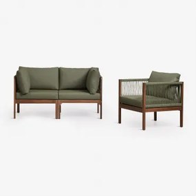 Tuinset Met 2-delige Modulaire Bank Met Armleuningen En Fauteuil Van Acaciahout Branson Intens Olijfgroen - Donker Acaciabruin - Sklum
