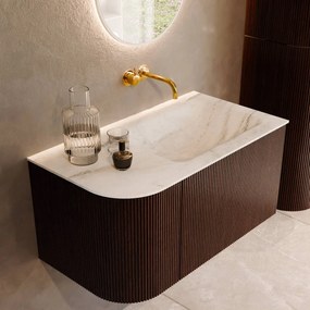 Mondiaz Kurve-dlux 85cm badmeubel ronding links ruby met 1 lade en deur en wastafel cloud rechts zonder kraangat opalo