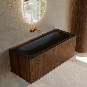 Mondiaz Kurve 110cm badmeubel walnut met 1 lade en wastafel big medium midden zonder kraangat urban
