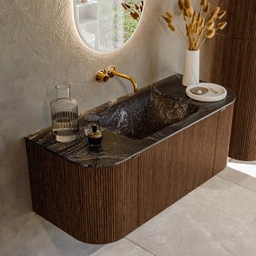 Mondiaz Kurve-dlux 110cm badmeubel ronding links/rechts walnut met 1 lade en 2 deuren en wastafel cloud midden zonder kraangat lava