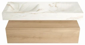 Mondiaz Alan DLux badmeubel 120cm washed oak 1 lade met wastafel frappe dubbel 2 kraangaten