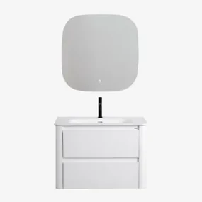 Badkamermeubelset In Hout Met Geïntegreerde Wastafel Egerton Wit & Vierkant Led En Anticondens 75x75 Cm Tobie & Zwart ↑20 - Sklum