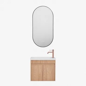 Narek Zwevend Houten Badkamermeubelset Met Geïntegreerde Wastafel Ash Brown & Ovale Led En Anticondens Zwart 50x100 Cm - Sklum