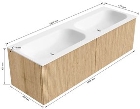 Mondiaz Kurve 140cm badmeubel walnut met 2 lades en wastafel big small dubbel zonder kraangat urban