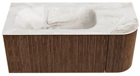 Mondiaz Kurve-dlux 105cm badmeubel ronding rechts walnut met 1 lade en deur en wastafel big small links zonder kraangat frappe