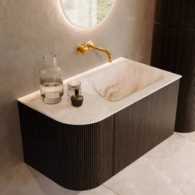 Mondiaz Kurve-dlux 85cm badmeubel ronding links shadow met 1 lade en deur en wastafel cloud rechts zonder kraangat frappe