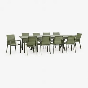 Rechthoekige Uitschuifbare Tafel 240-300x100 Cm En 10 Stapelbare Tuinstoelen Met Armleuningen Van Aluminium Karena Groen – Intens Olijf - Sklum