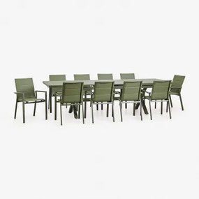Uitschuifbare Rechthoekige Eettafel 240-300x100 Cm En 10 Stapelbare Tuinstoelen Met Armleuningen Van Aluminium Karena Groen – Intens Olijf - Sklum