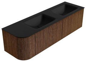 Mondiaz Kurve 155cm badmeubel ronding links walnut met 2 lades en 1 deur en wastafel cloud dubbel/rechts 2 kraangaten urban