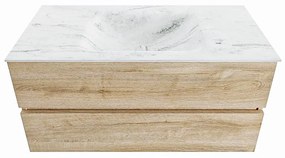 Mondiaz Vica DLux badmeubel 100cm washed oak 2 lades met wastafel opalo midden 1 kraangat