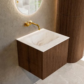 Mondiaz Kurve-dlux 50cm badmeubel walnut met 1 lade en wastafel grunne midden zonder kraangat frappe