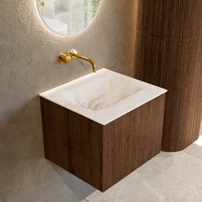 Mondiaz Kurve-dlux 50cm badmeubel walnut met 1 lade en wastafel grunne midden zonder kraangat frappe