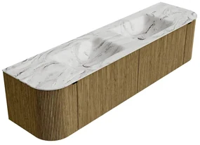 Mondiaz Kurve-dlux 180cm badmeubel ronding links/rechts dusk met 2 lades en deuren en wastafel leaf dubbel zonder kraangat glace