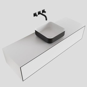 Zaro Lagom volledig naadloos solid surface onderkast met topblad 140cm mat zwart met 1 lades Push tot open. Compleet met solid surface opzetkom met 0 kraangat(en)